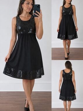Tiana B Black Sleeveless Fit & Flare Dress Faux Patent Mesh Detail Size L Cockta